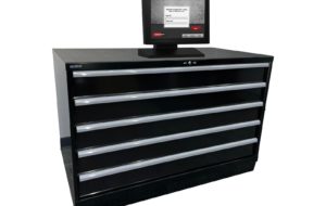 An image of the E-Lock Cabinet with computer on top