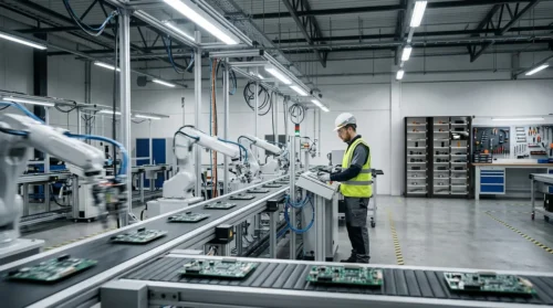 Image of a production line factory manufacturing PCBs and a smart storage solution at the back.